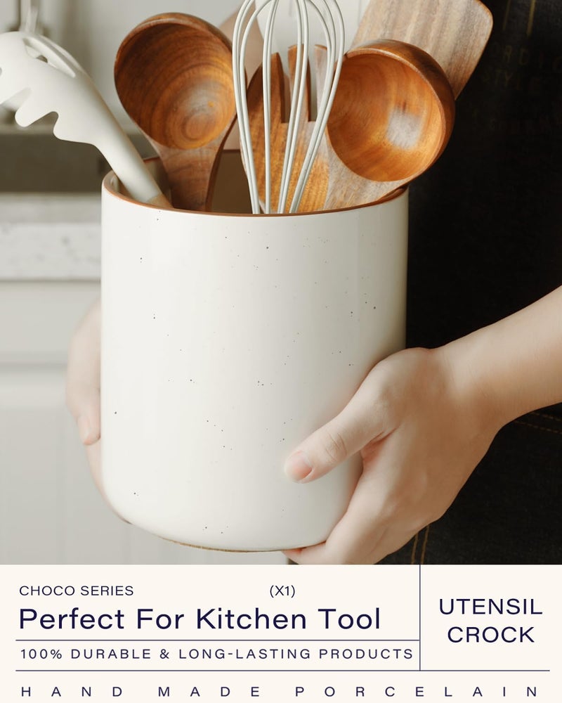 GET STAR Kitchen Utensil Holder, Large Ceramic Cooking Utensil Holder (H7.2” x W6.2”) for Kitchen Counter with Cork Mat at Bottom - Image 2